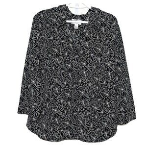 Talbots XL Black White Floral Top Stretch Cotton 3/4 Sleeve Blouse